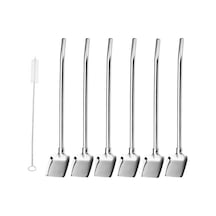 6'lı Paslanmaz Krom Pipetli Latte Kaşığı Kokteyl Kaşığı Ve Temizleme Fırçası, 22 Cm Kürek Model Inox