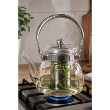 Borosilikat Cam Tek Demlik Bitki Demlik Süzgeçli 600ml Çelik Sap Şeffaf
