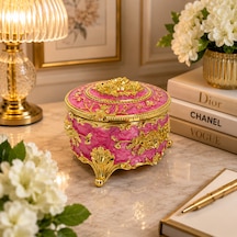 Yuvarlak Renkli Gold İşlemeli Mücevher Kutusu Pembe