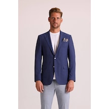 Erkek Lacivert Regular Fit Mono Yaka Keten Ceket