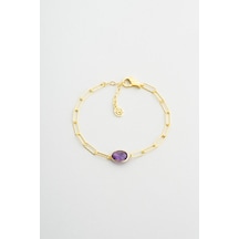 Doğal Ametist Taşlı 18 Ayar Sarı Altın Kaplama 21 Cm Gümüş Zincir Bileklik Gümüş - Sarı - Kırmızı