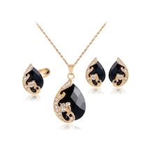 Vkemall Kelebek Desenli Multicolor Alloy Takı Seti - Kolye, Küpe, Yüzük - Rhinestone Ve Cam Taşlı - Siyah Kc Altın Kaplama Siyah