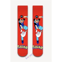 Pokemon Desenli Kırmızı Renkli Unisex Kolej Çorap