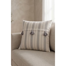 Gri Çizgili Üç Püskül Detaylı Pamuklu Zarf Kapak Dekoratif Kırlent Kılıfı 42x42 Cm Bej