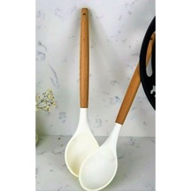 Qerhome Bambu Saplı Silikon Servis Kaşığı Krem 1 Adet