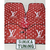 Lv Xl Kırmızı Desen Dekor Oto Halı Paspas Ön Arka Takım Ve Vites Poları Kumaş Anahtarlık li