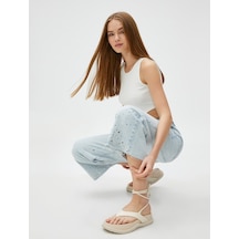 Koton Crop Bol Paça Kot Pantolon Taş İşlemeli - Bianca Crop Jean Bleach 3sal40022md Açık Mavi