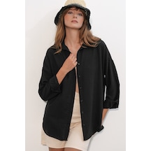 Bigdart Kadın Oversize Keten Gömlek 20338 - Siyah