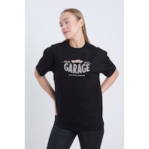 Kadın Oversize Baskılı T-shirt Siyah Garage SIYAH