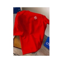 Medinenur Göğüs Baskılı Basic T-shirt Kırmızı