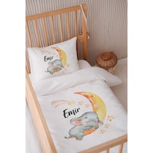 %100 Pamuk Saten Isme Özel Isimli 100x150 Bebek Yatak Nevresim Seti Sarı Ay Üstünde Uyuyan Fil
