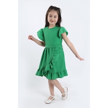 Aden Kids Yeşil Mavisi Kız Çocuk Yazlık Fırfırlı Elbise - Likralı Kemerli Şık Kız Çocuk Kıyafeti - 2-8 Yaş
