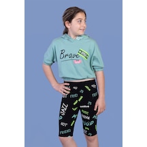 Toontoy Kids Toontoy Kız Çocuk 2'li Takım Baskılı Kapüşonlu Kısa Kollu Crop Sweatshirt & Basic Düz Crop Tayt Yeşil