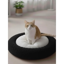 Beylini Kedi Köpek Yatağı Peluş Kumaş Minderli Konforlu Oyun Uyku Alanı Yatağı 50x50 Siyah Açık Bej