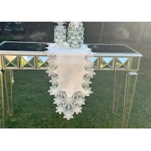 Salon Takımı 5 Parça Dantelli Keten Masa Örtüsü Runner Seti Çeyizlik Selena Model No 96536 Krem