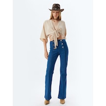 Koton İspanyol Paça Kot Pantolon Yüksek Bel Slim Fit Düğme Detaylı - Flare Jeans Koyu İndigo 5wal40152md Koyu İndigo