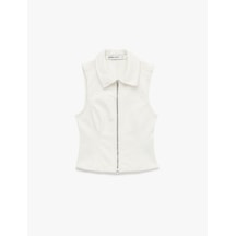Koton Pamuklu Slim Fit Fermuarlı Klasik Yaka Kolsuz Denim Bluz Kırık Beyaz 6sal30006mw Ekru
