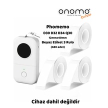 Onomo Life Phomemo 3 Rulo 12x40mm/480 Adet Beyaz Etiket D30/q30 3 Rulo