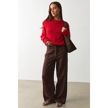 Madmext Kahverengi Yüksek Bel Keten Wide Leg Pantolon Mg2718