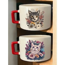 Kedi Çiçek 2'li Bardak - Kupa İsim Yazma, Kupa İsim Yazdırma, Kupa Hediyesi, Kupa Fincan Modelleri Beyaz