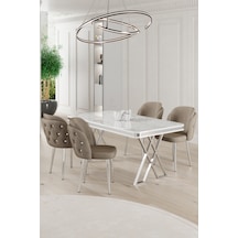 Canisa Rigel Serisi 80x130 Lak Panel Beyaz Mermer Desen Masa Takımı Krom Ayaklı 4 Cappucino Sandalye Beyaz Mermer Desen Masa Sandalyeler Cappucino
