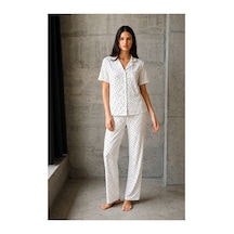 Fit Women V Yaka Düğmeli Casual Kar Beyaz Pijama Takımı