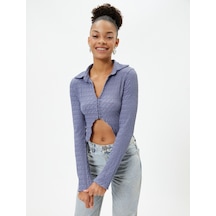 Koton Crop Bluz Asimetrik Kesim Dokulu Slim Fit Uzun Kollu Gömlek Yaka Mavi 4sal60021ık 4SAL60021IK624