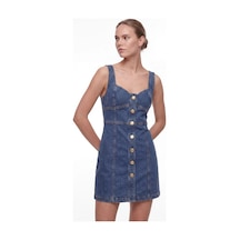 CEMO Kadın Jean Mini Elbise Askılı Düğmeli Denim Elbise Mavi