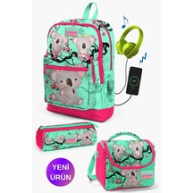 Su Yeşili Neon Mercan Koala Desenli Coral High Kids Usb'li 3 Lü Okul Çanta Seti Goset0123813