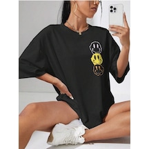 Emoji T-shirt - Siyah Baskılı Oversize Bisiklet Yaka Kısa Kol Siyah