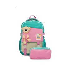 Peluş Ayıcık Detaylı Kız Çocuk İlkokul Çanta Seti Su Yeşili - Pembe