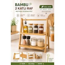Bambu 2 Katlı Mutfak Rafı Baharatlık Düzenleyici Tezgah Üstü Organizer Doğal Ahşap Raf Bej