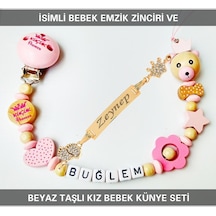 Sahi Aksesuar İsimli Bebek Emzik Zinciri ve İsimli Bebek Künye Seti BEZYI322 Bej - Pembe