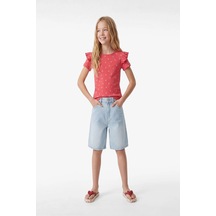 Koton Kız Çocuk Slim Fit Kısa Kollu Bisiklet Yaka Kiraz Baskılı Fırfır Detaylı Tişört Kirmizi