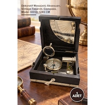 1 Adet Ahşap Kutulu Pirinç İşlemeli Pusula Dekoratif Masaüstü Aksesuarı, Vintage Tasarım, Compass, Model 3005b 12x6 Cm