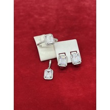 Firuze Gümüş Baget Taşlı Küpe Yüzük Kolye Üçlü Gümüş Set & Takım