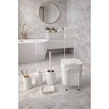 Standlı Beyaz Banyo Aksesuar Seti Tuvalet Fırçası, Banyo Kovası, Sabunluk Ve Diş Fırçalık Seti Beyaz