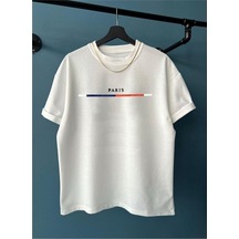Paris Çizgi Detay T-shirt - Beyaz Baskılı Oversize Bisiklet Yaka Kısa Kol Beyaz