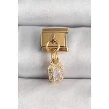 Mey İthalat 316l Çelik Gold Renk Sallantı Zirkon Taşlı Kare Model Nomination Charm Çok Renkli