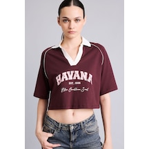 Defacto %100 Pamuk Oversize Kontrast Polo Yaka Baskılı Crop Tişört I6806ax26aubr2 Bordo-br2