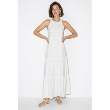 Kadın Halter Yaka Kat Kat Detaylı Modal Maxi Elbise 4852 60286367 - Beyaz