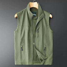 Büyük Beden Erkek İlkbahar Yaz İnce Yelek Kolsuz Ceket Dik Yaka Yelek Günlük Yelek Ordu Yeşili