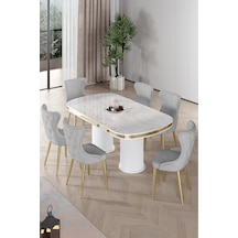 Canisa Galya Serisi Lak Panel 90x168 Sabit Beyaz Mermer Desen Mutfak Masa Takımı 6 Gri Sandalye Beyaz Mermer Desen Masa Gri Sandalye Gold Ayak