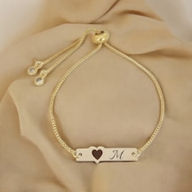 Archin M Harfine Özel Zincirli Kalp Motifli 14 Ayar Altın Plakalı Hediye Bileklik-432harf M