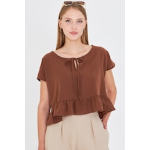 Armonika Kadın Açık Kahve Yarasa Kol Yakası Bağlamalı Eteği Fırfırlı Oversize Crop Bluz Arm-24y001088 Açık Kahverengi
