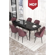 Canisa Concept Kor Serisi, MDF 70x114 Açılabilir Yemek Masası Takımı, Siyah Mermer Desen Masa Ve 6 Gülkurusu Sandalye