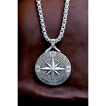 Ak Store Silver Gümüş Kaplama Krom-Çelik Erkek Kolye Madalyon Pusula Gümüş