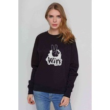 Peace Win Baskılı Siyah Kadın Sweatshirt