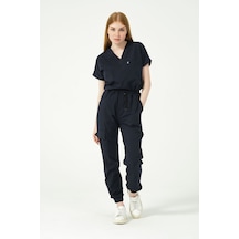 Lacivert Likralı Scrubs Kargo Cep Jogger Paça Doktor Hemşire Forması Yarasa Kol Takım Unisex