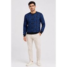 Erkek Siyah Mi Yazı Desenli İki İplik Şardonlu Sweatshirt Lacivert